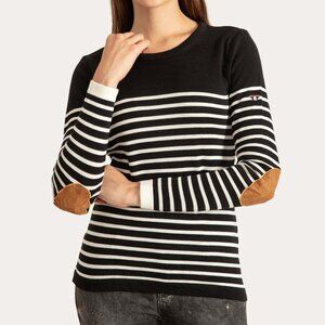 Bellamie Striped Long Sleeve Elbow Patch Tunic Basic Top Shirt Black White Small